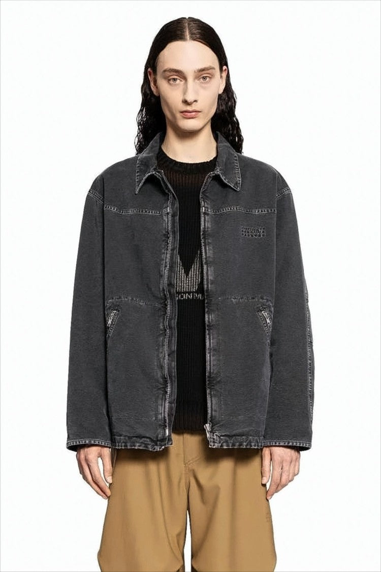 Mm6 By Maison Margiela Boxy Oversized Black Cotton Jacket With Vintage Finish