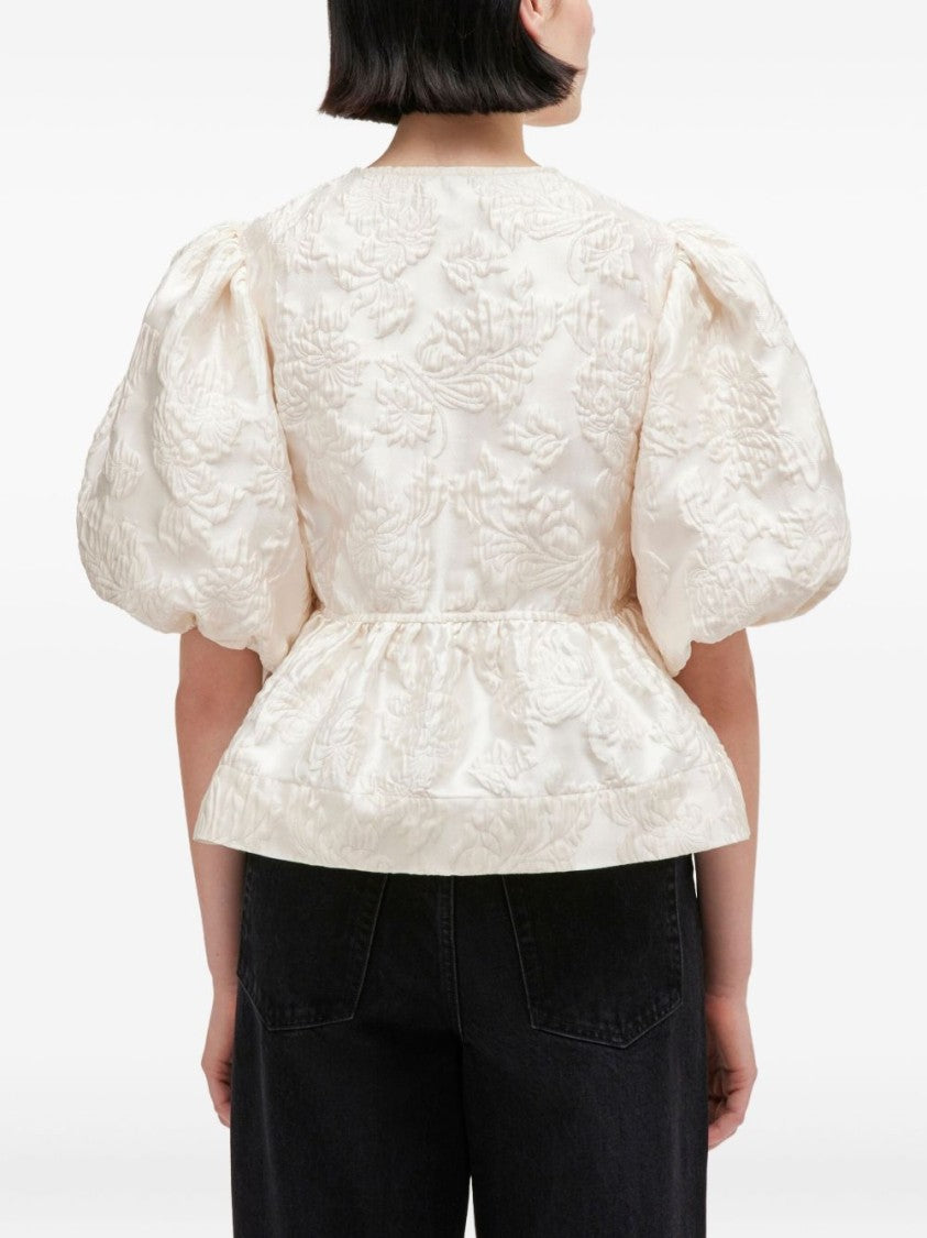 Ganni Textured Jacquard Blouse With Puff Sleeves
