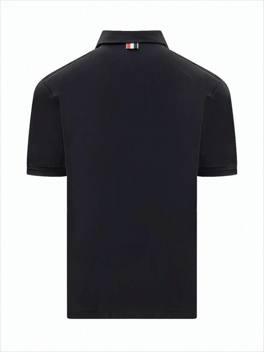 Thom Browne Solid Black Polo Shirt With Tricolor Stripe Detail