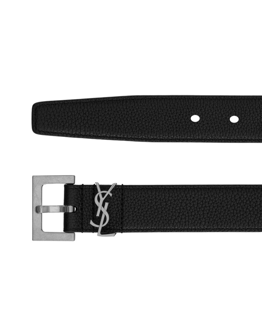 Saint Laurent Textured Leather Belt With Silver Buckle