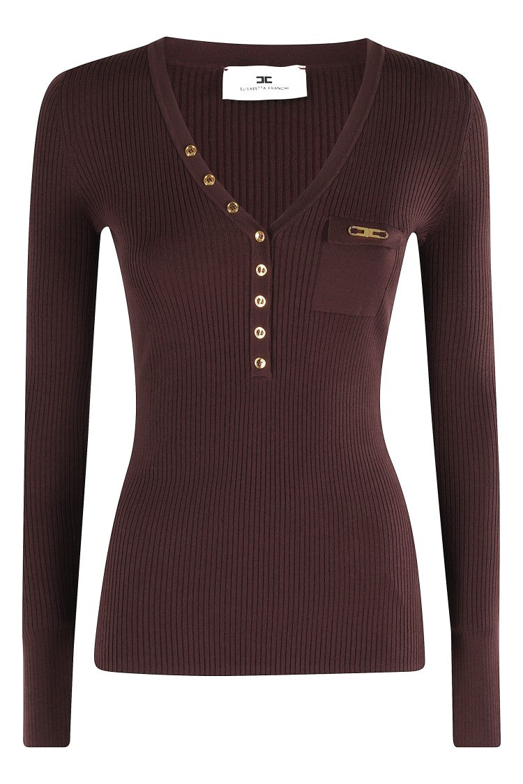 Elisabetta Franchi Merlot Tricot Sweater With Gold Accents And Ribbed Knit