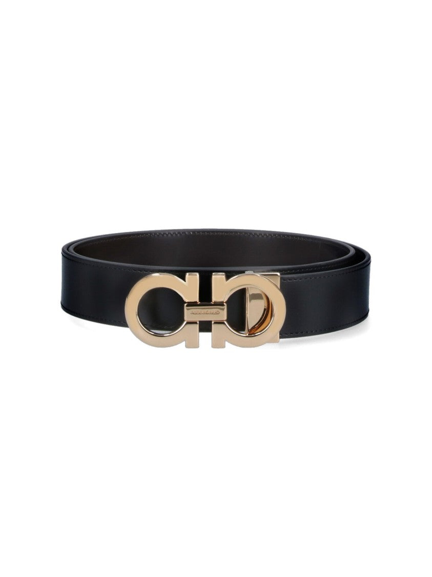 Ferragamo Reversible Black Leather Belt With Gold-Tone Gancini Buckle