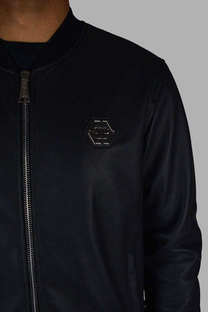 Philipp Plein Smooth Leather Bomber Jacket With Ribbed Detailing