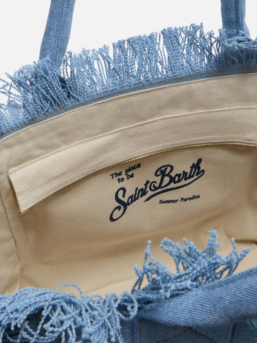 Mc2 Saint Barth Light Blue Denim Tote Bag With Fringed Edges