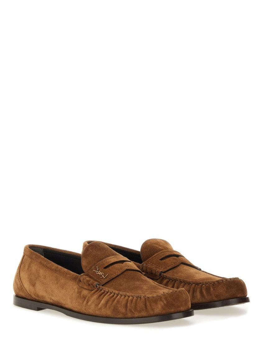 Saint Laurent Penny Loafers In Soft Calf Suede With Metallic Logo