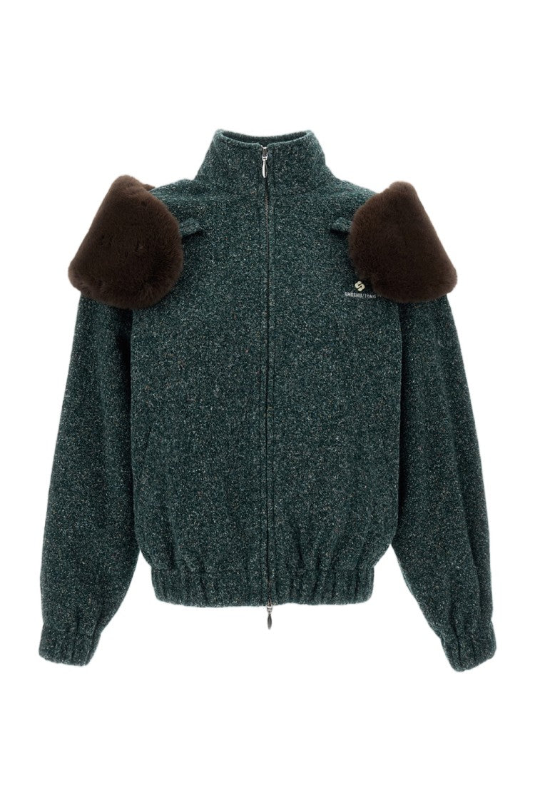 Shushu/Tong Green Faux Fur Trim Shoulder Loose Coat