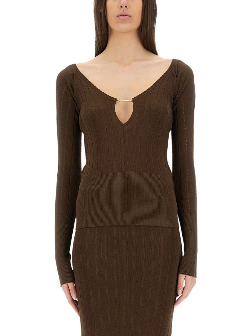 Jacquemus Slim Fit Brown Top With Deep V-Neckline