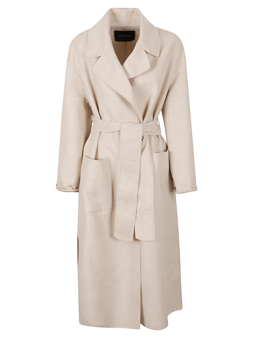Fabiana Filippi Mid-Length Textured Fabric Coat With Classic Lapel And Belted Waist