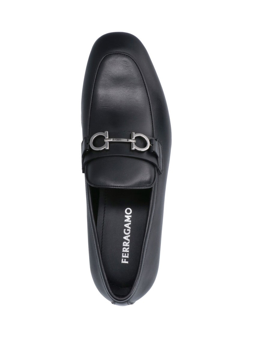 Ferragamo Black Gancini Round Toe Leather Loafers