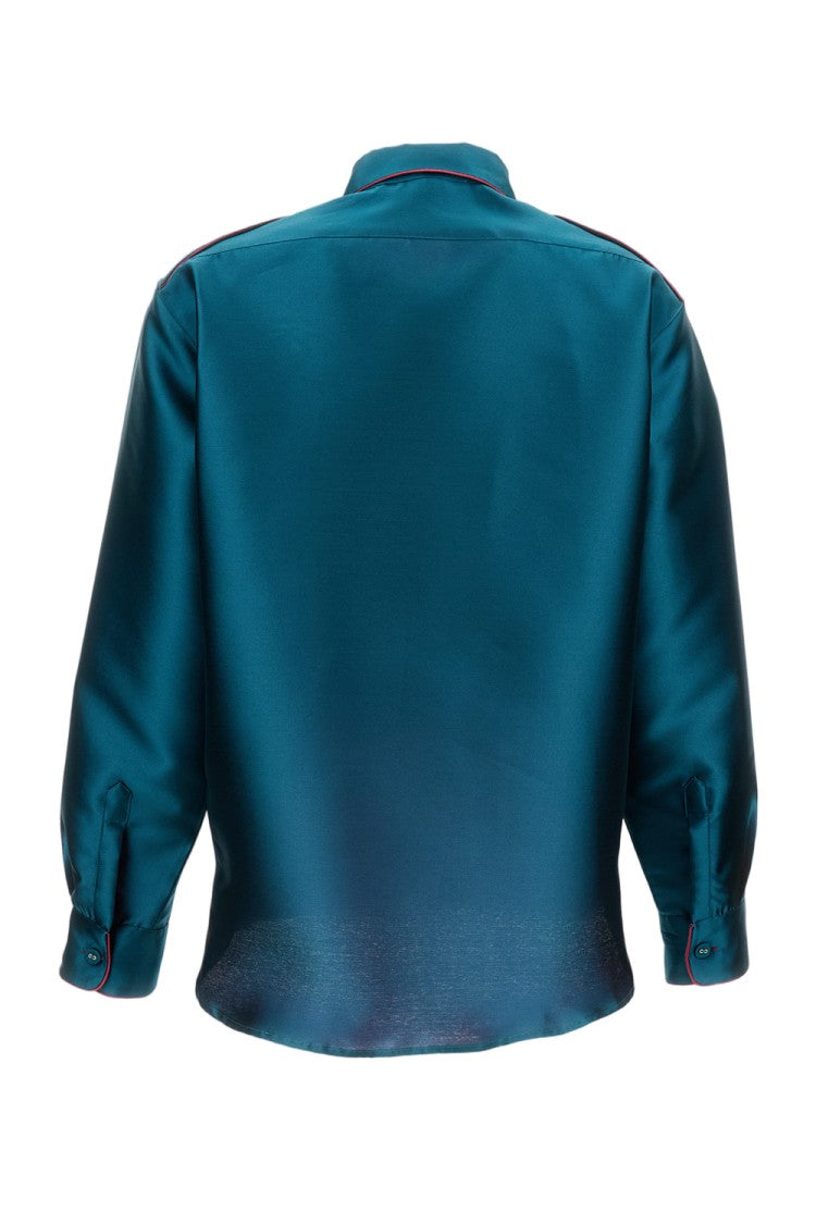 Pinag Cropped Teal Silk Shirt With Contrast Piping