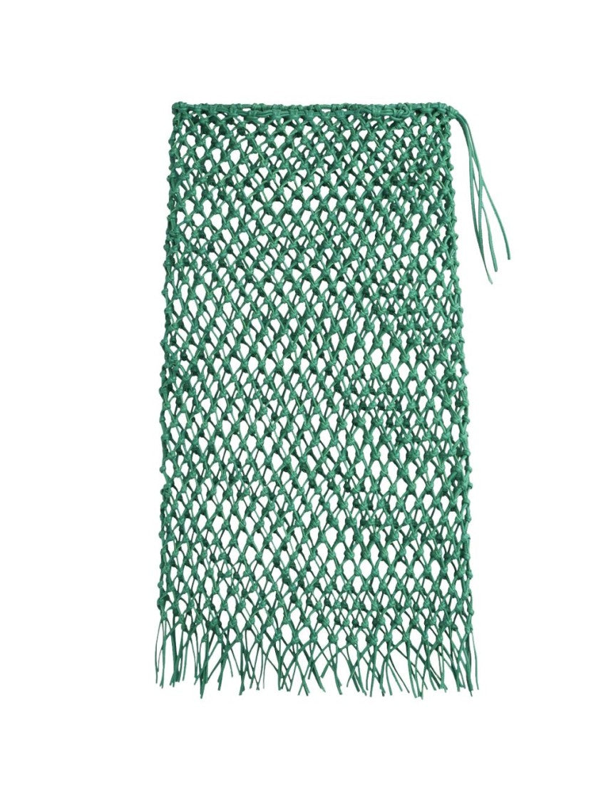 The Frankie Shop Green Open-Weave Fringed Netted Skirt