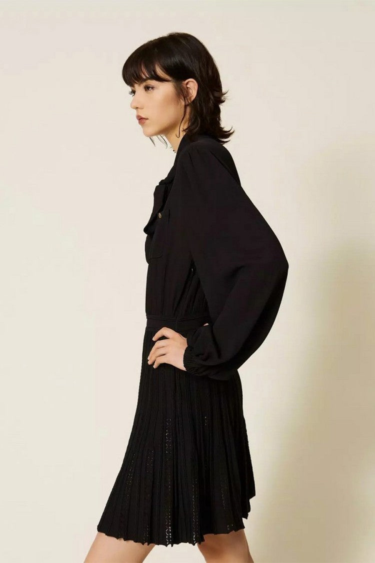 Twin-Set Black Polyamide-Viscose Blend Tie-Neck Pleated Dress