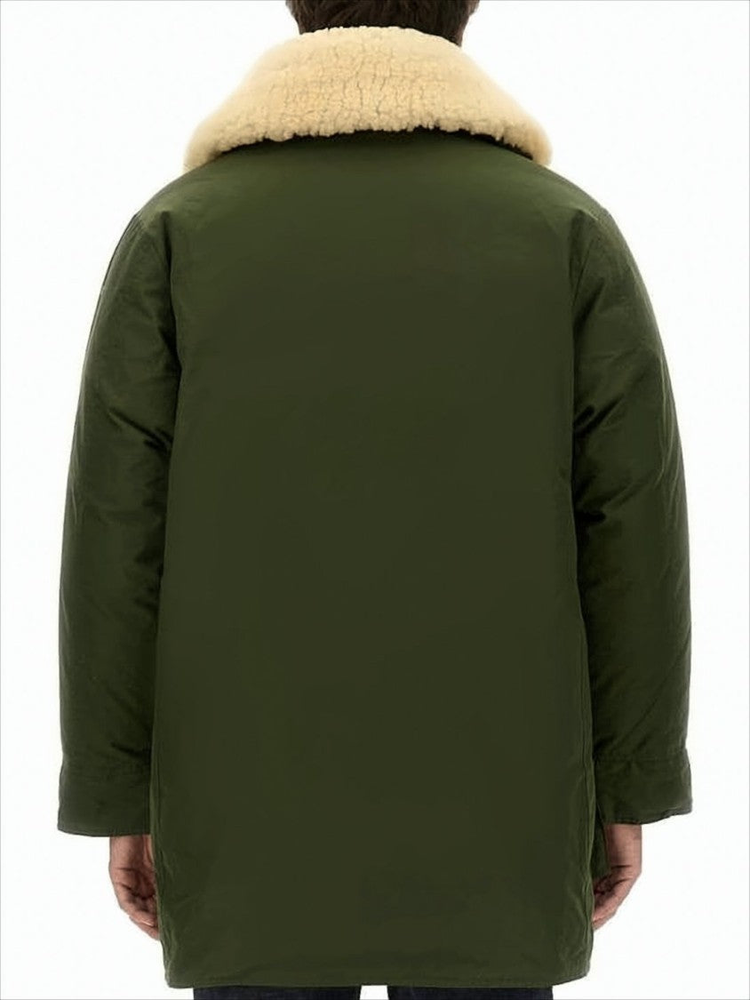 Nigel Cabourn Olive Green Cotton Jacket With Shearling Collar And Goose Down Insulation