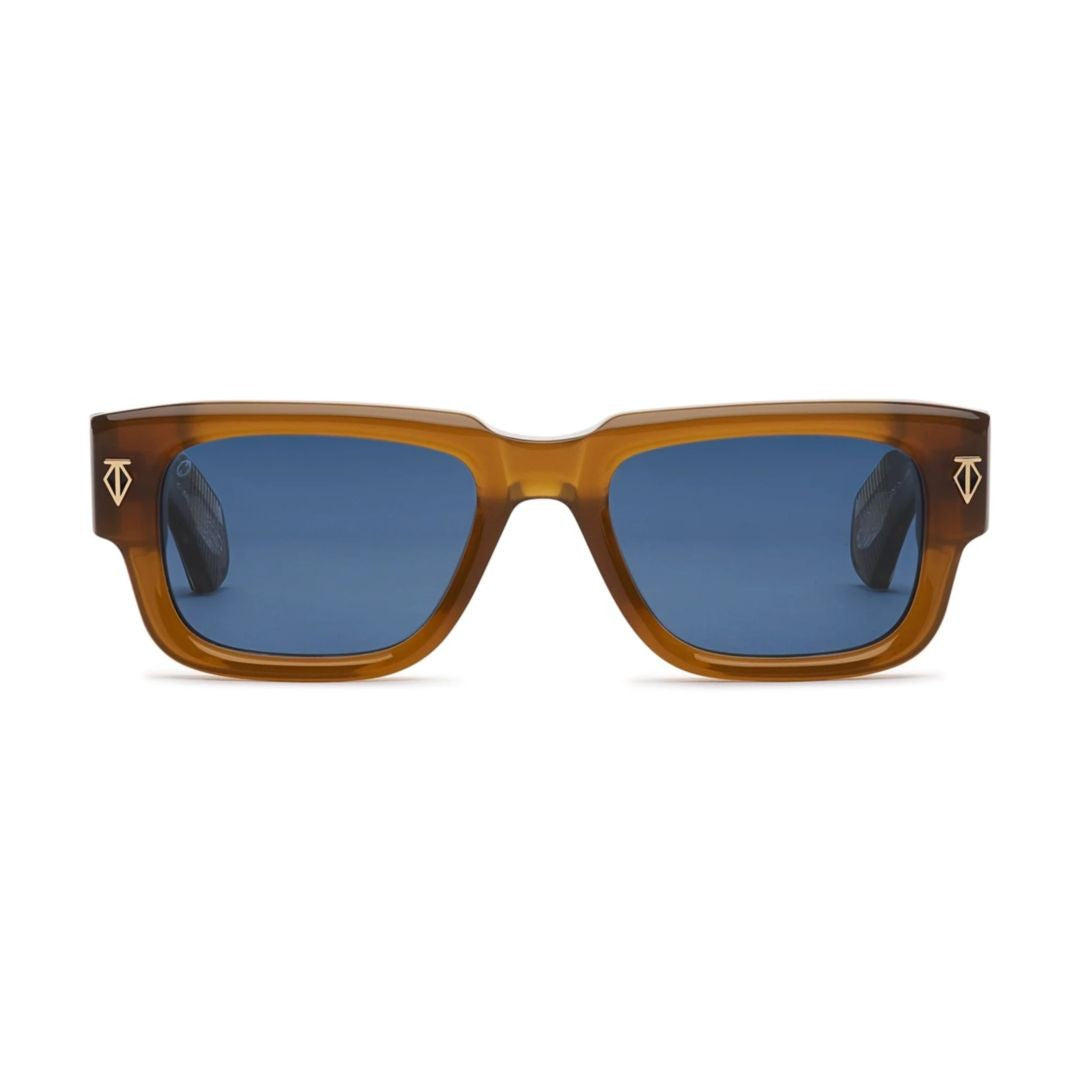 T Henri Taycan Bold Rectangular Frame Sunglasses With Deep Blue Lenses