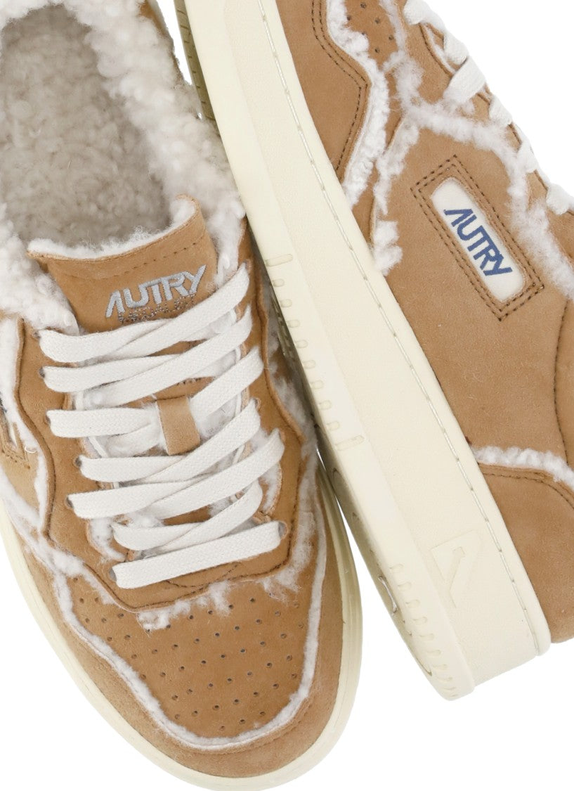 Autry Beige Suede Plush Fur Lining Low-Top Sneakers