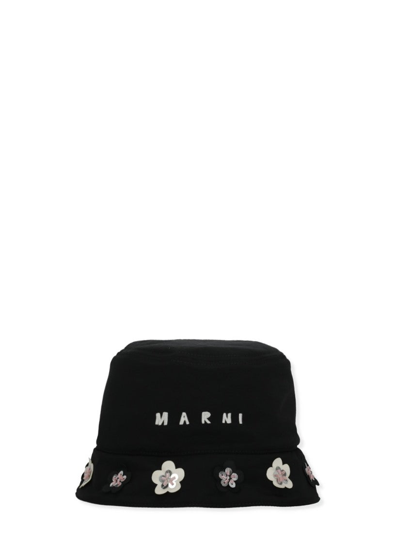 Marni Black Bucket Hat With Contrasting Logo And Embossed Floral Details