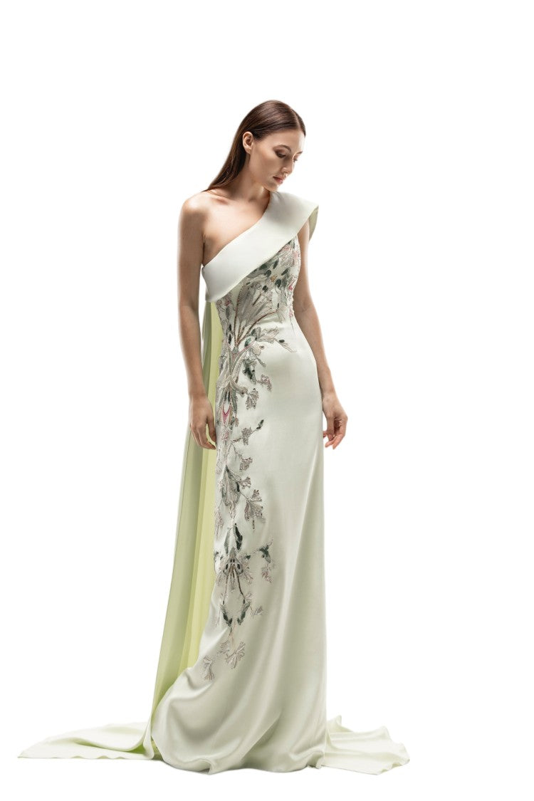 Saiid Kobeisy One Shoulder Embroidered Crepe Dress
