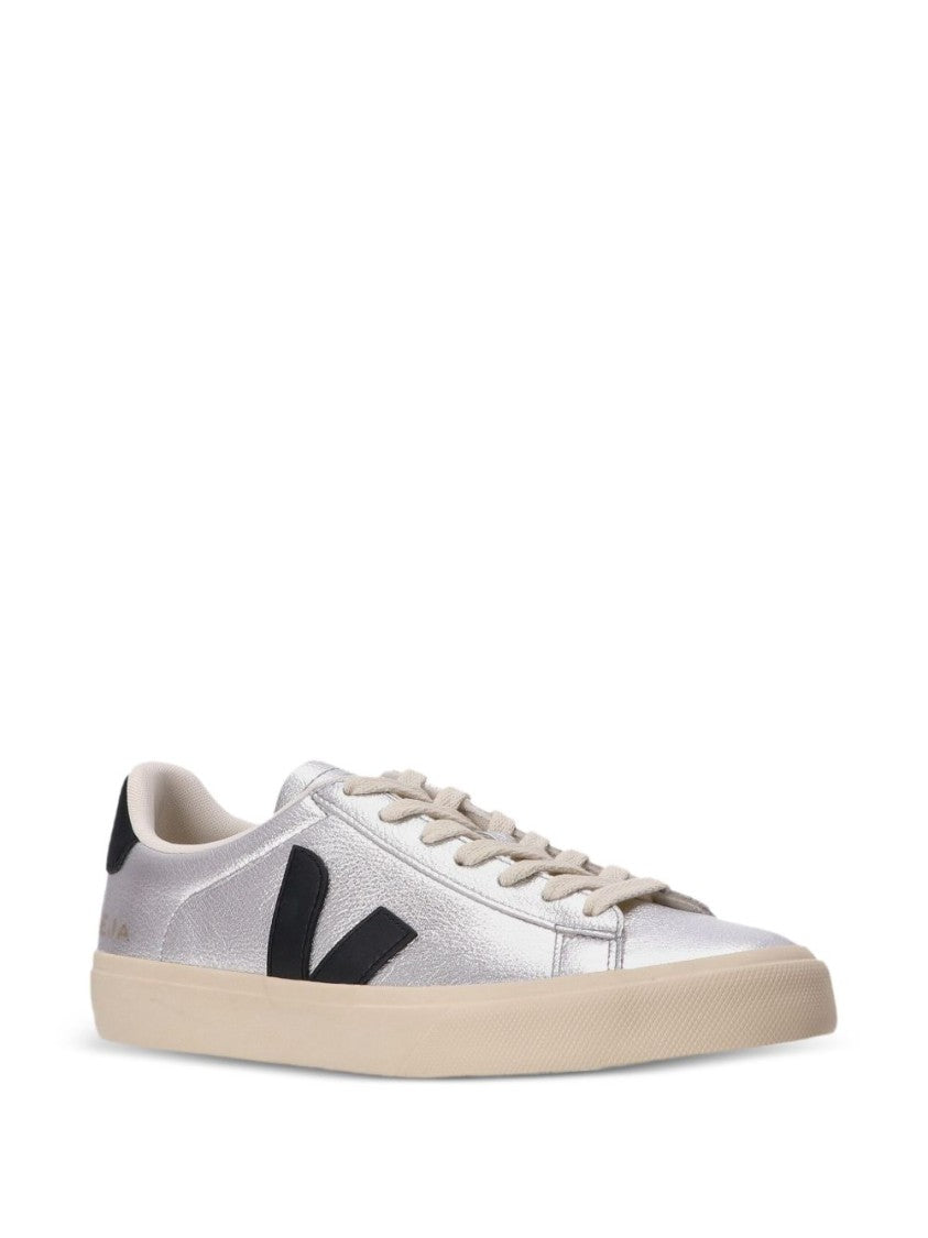Veja Metallic Silver Leather Sneakers With Black Accents