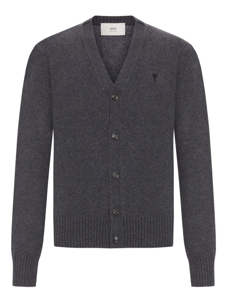 Ami Paris Black Ami De Coeur V-Neck Ribbed Cashmere-Blend Cardigan