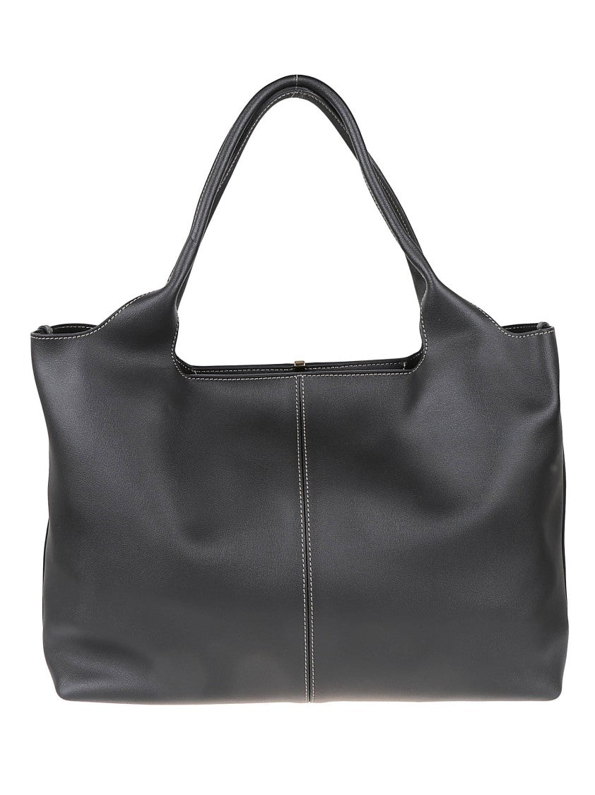 Tod's Rectangular Black Calfskin Tote Bag With Gold Accent