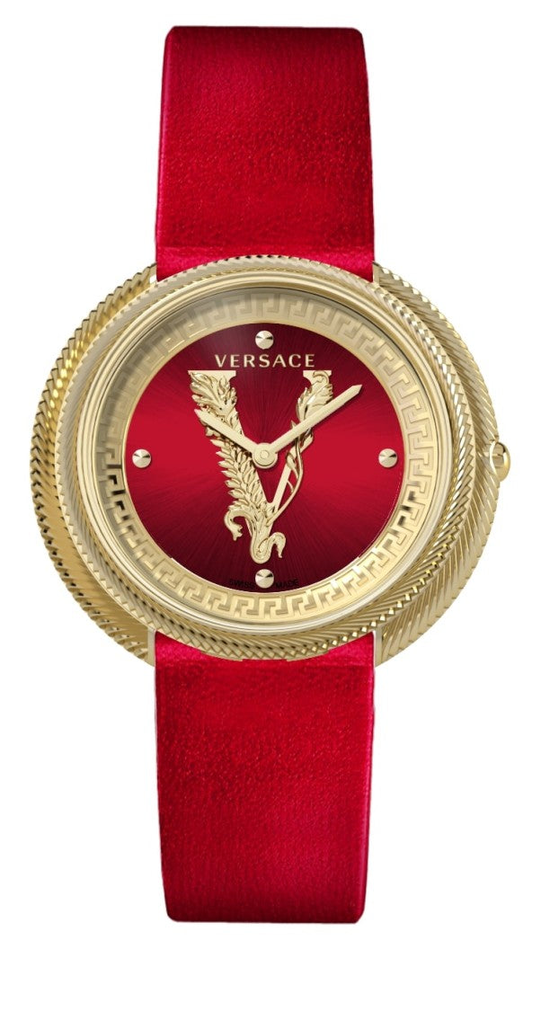 Versace 38Mm Round Gold-Tone Stainless Steel Watch With Red Dial