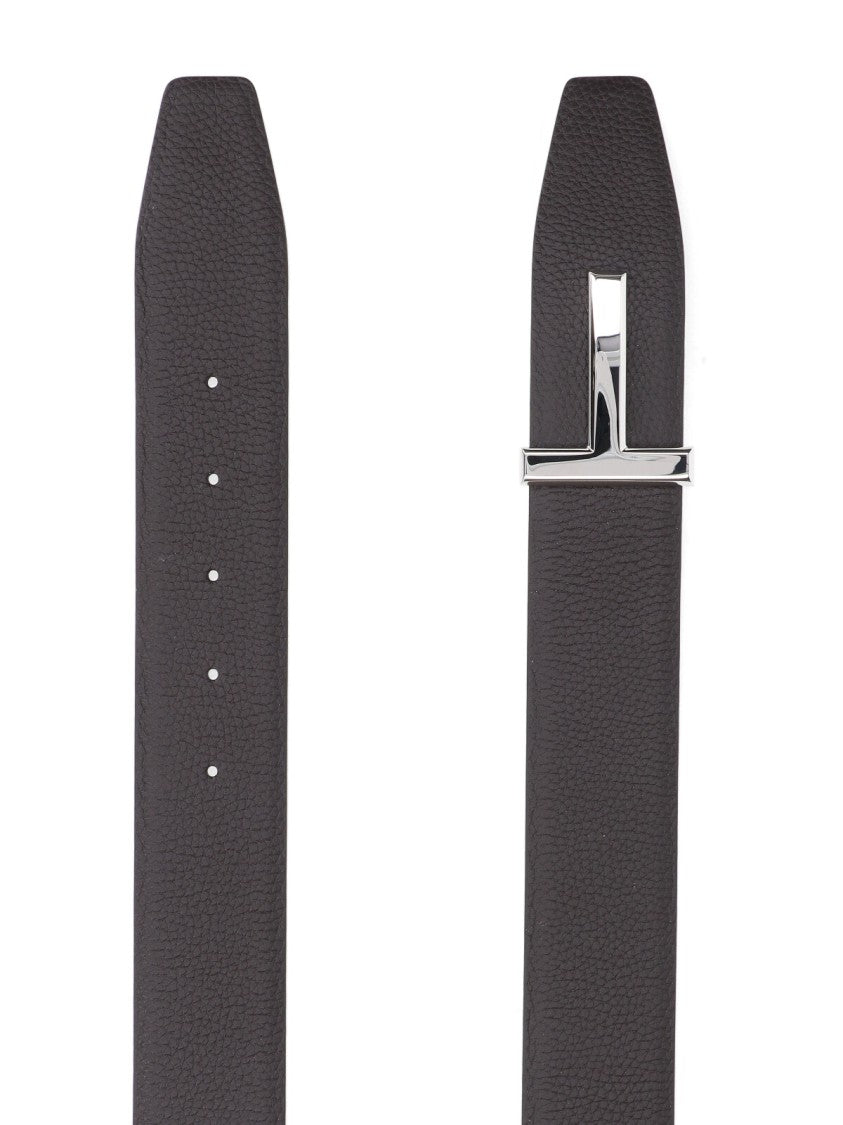 Tom Ford Dark Brown T Icon Hammered Leather Belt