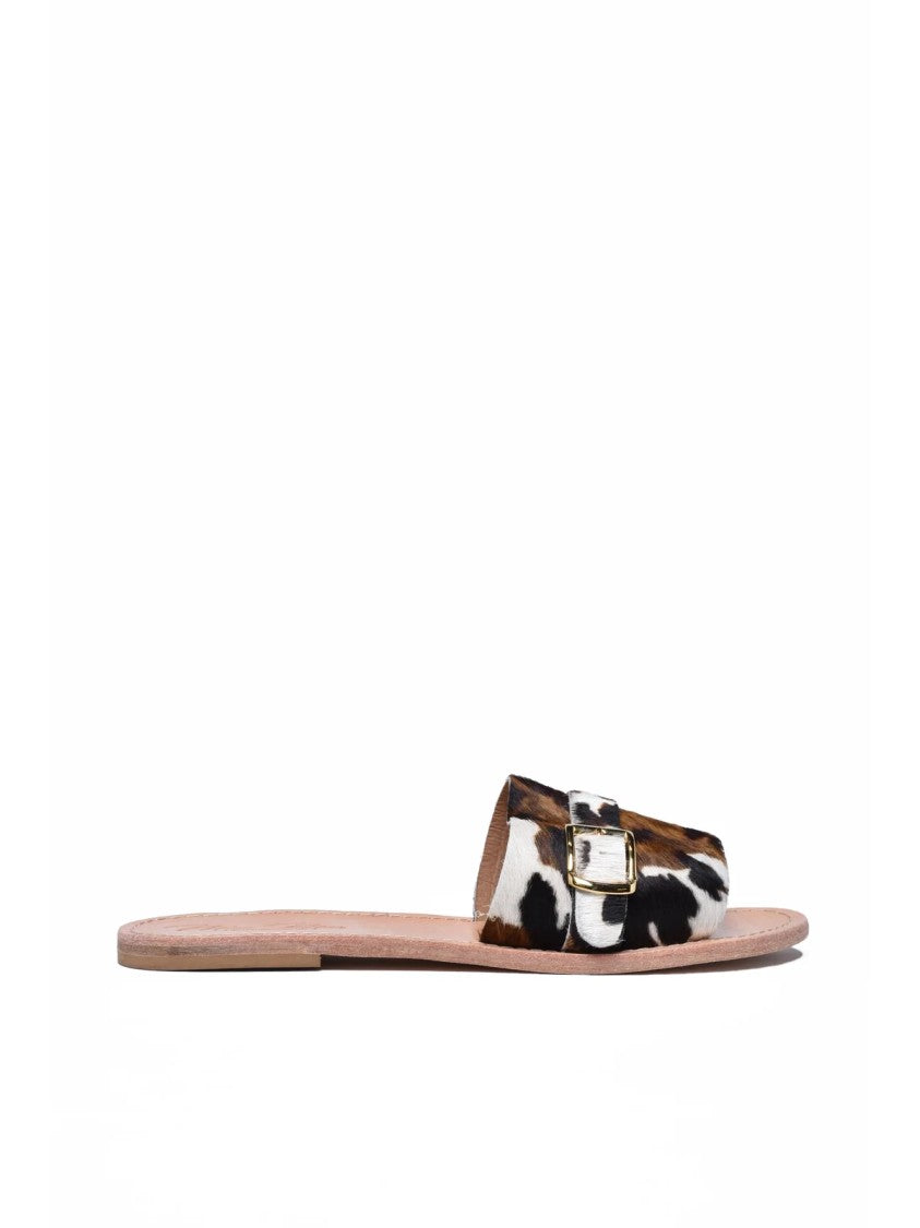 Mim Mar Brown White Spotted Pony Hair Leather Slide Sandals