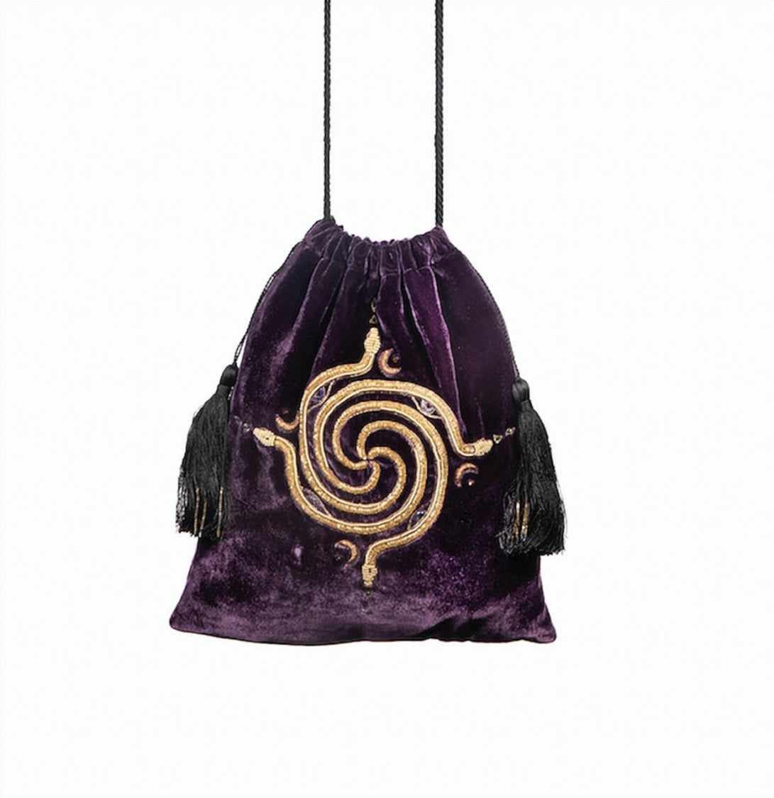 Hamoulet Amethyst Velvet Bucket Bag With Gold Embroidery And Tassels