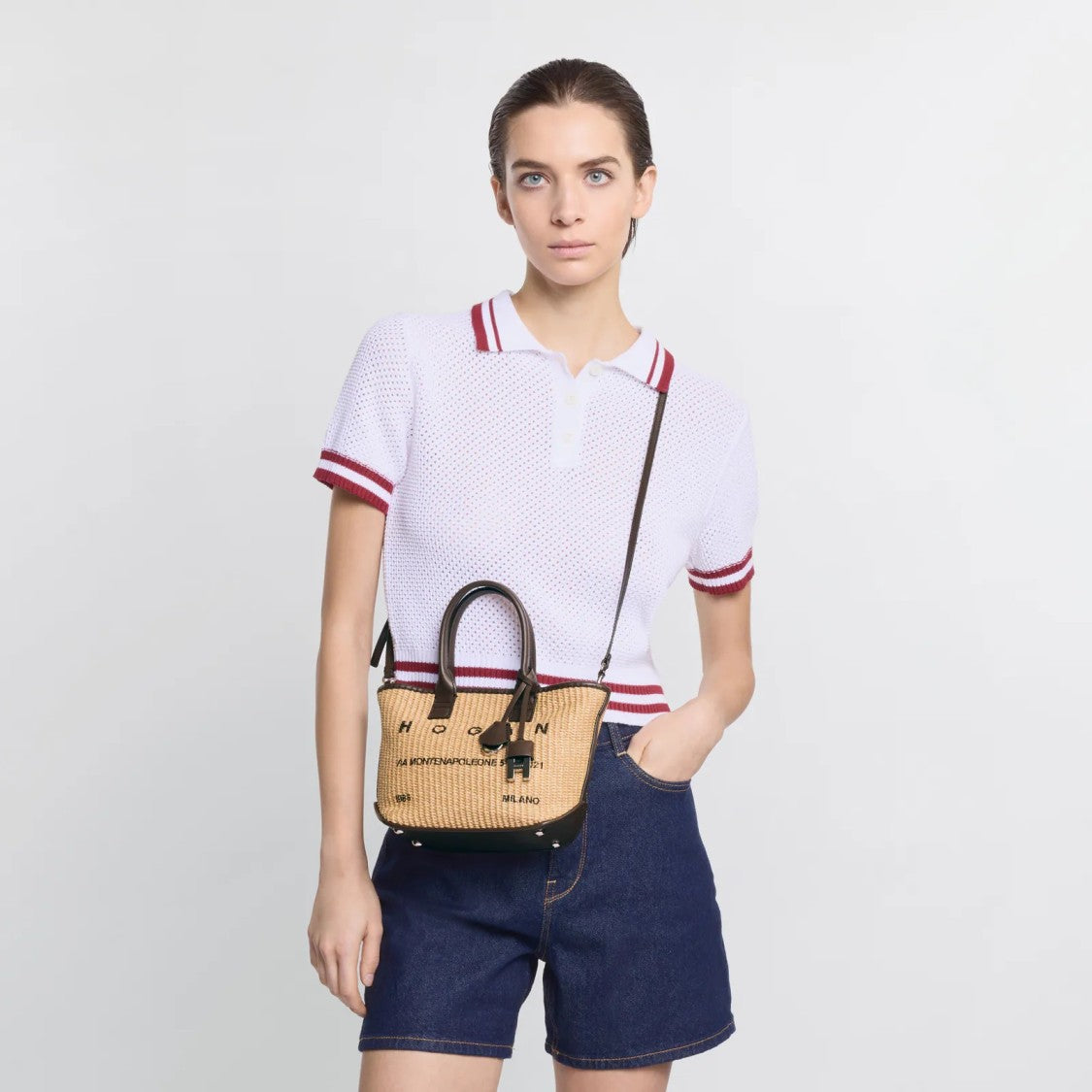 Hogan Beige Address Shopping Mini Raffia Shopping Bag