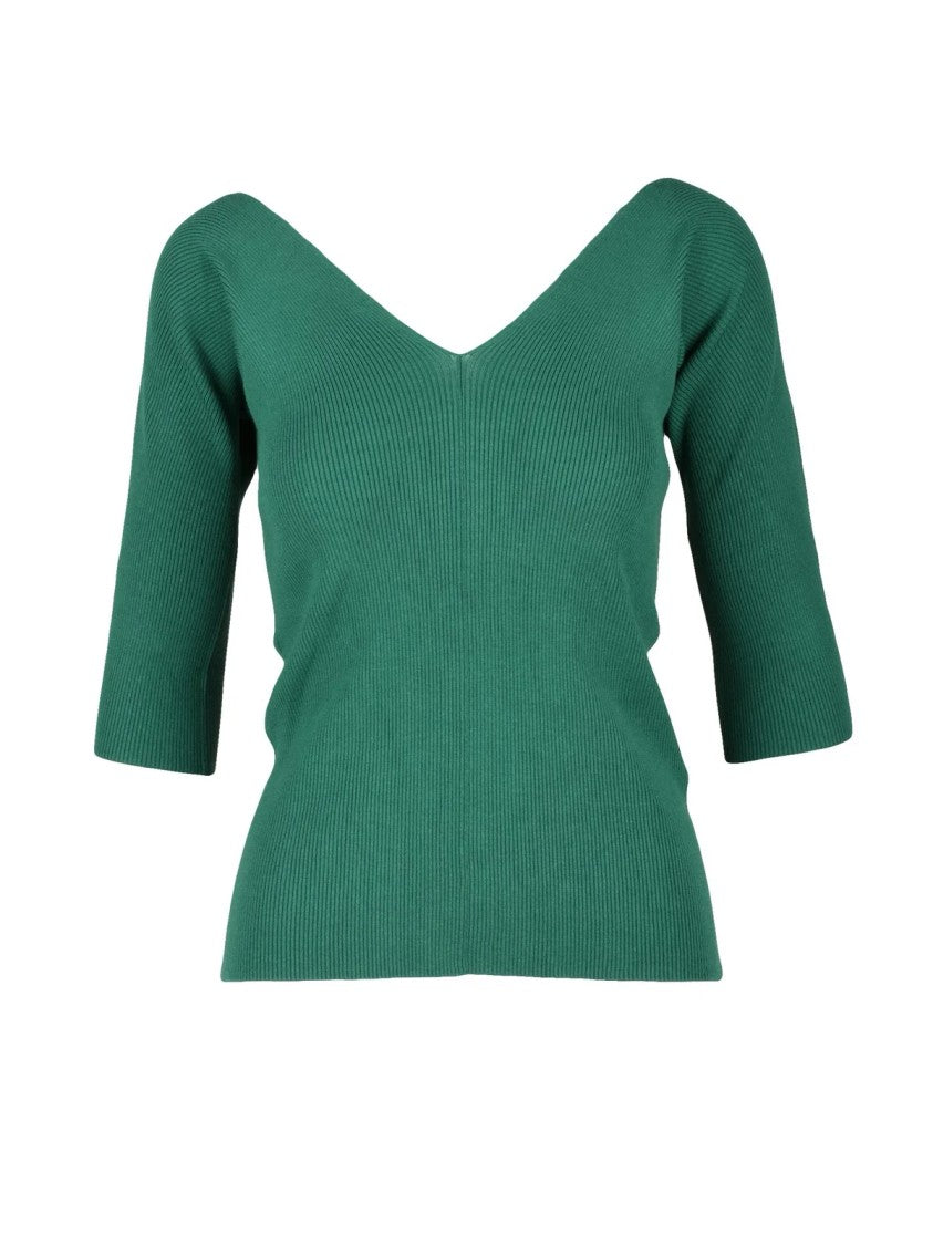 Max Mara Ribbed Deep V-Neck Underlayer Top With Three-Quarter Sleeves