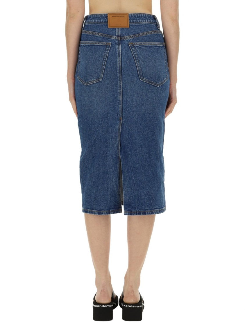 T By Alexander Wang Classic Denim Midi Skirt With Button Front
