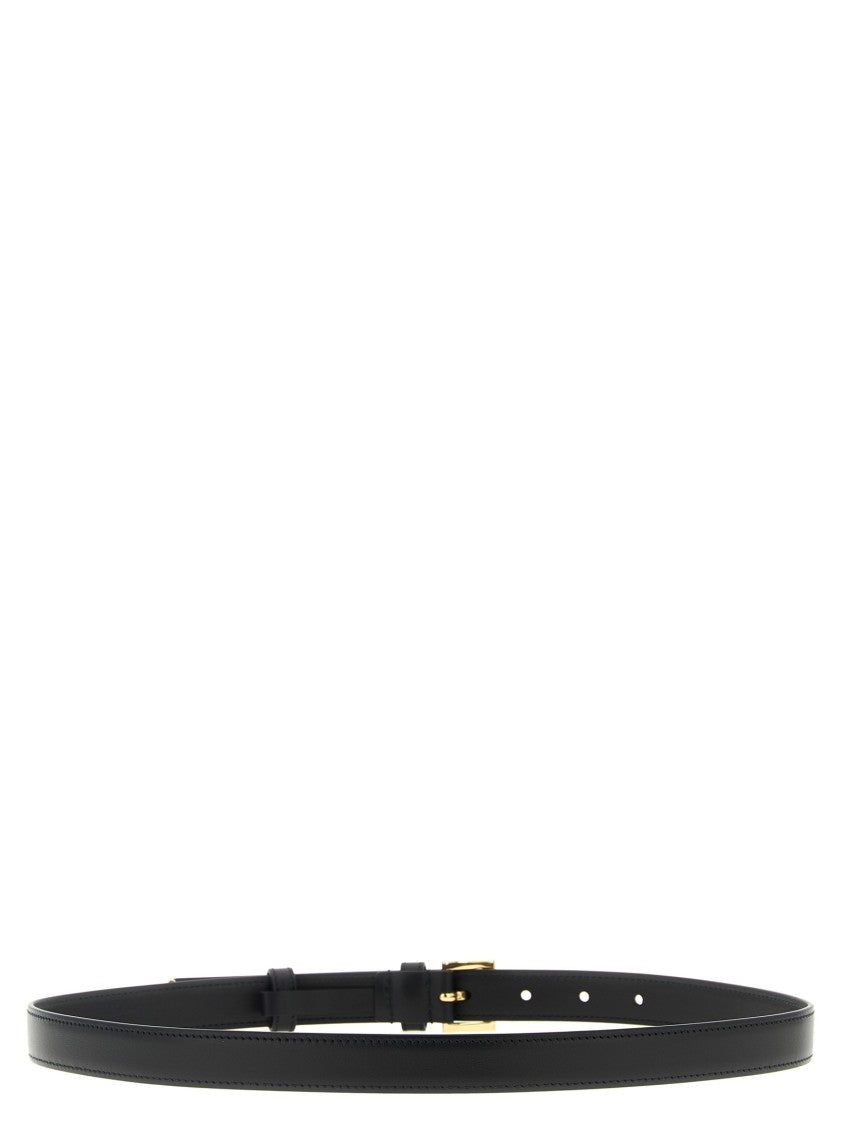 Prada Sleek Black Leather Belt With Gold Toned Buckle