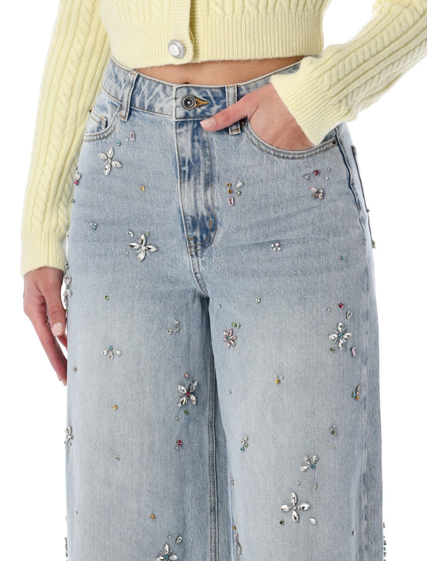 Self-Portrait Embellished Wide-Leg Jeans With Crystal Embellishment
