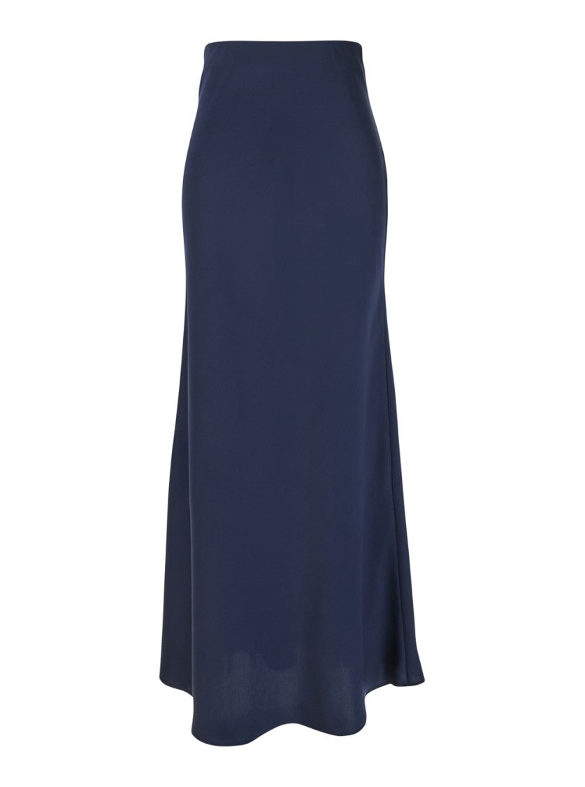 Plain Blue Long Skirt With Ruffle Detail At The Bottom