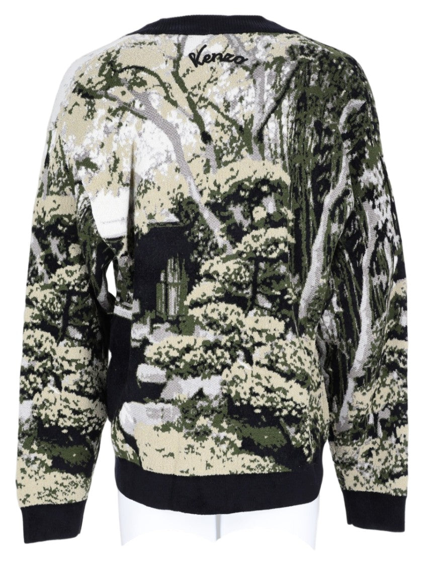 Kenzo Brown Wool-Blend V-Neck Landscape Pattern Sweater