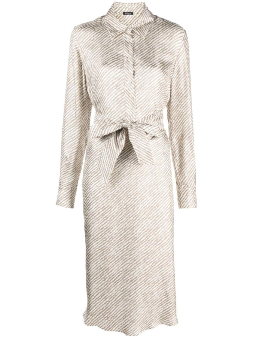 Kiton Beige Silk Midi Dress With Diagonal Stripe Pattern