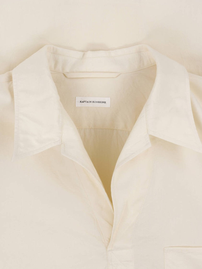 Kaptain Sunshine Cream Cotton-Silk Skipper Collar Patch Shirt