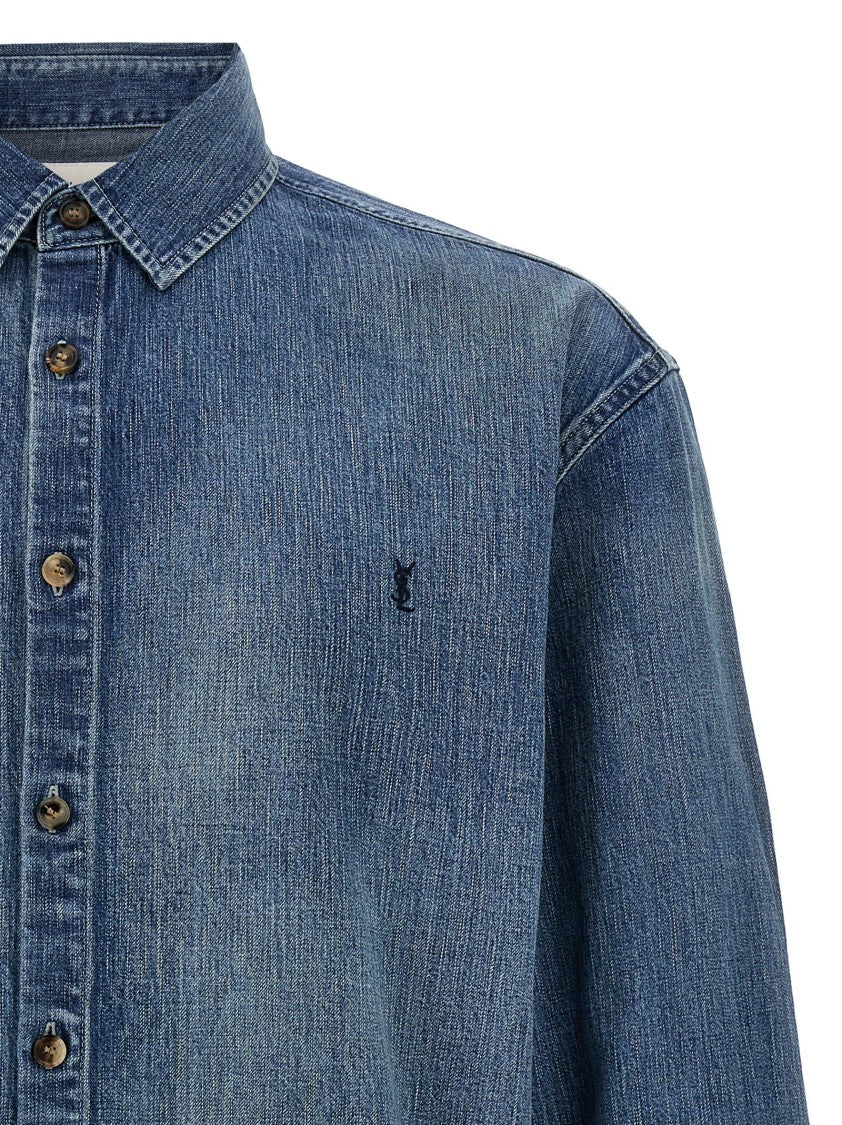 Saint Laurent Comfort Fit Cotton Denim Cassandre Shirt With Logo Embroidery