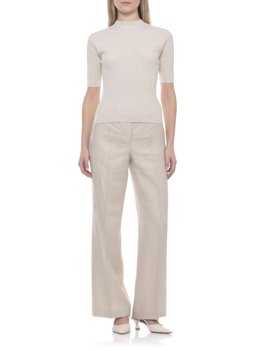 Peserico Beige Ribbed Pattern Cotton Knit Top