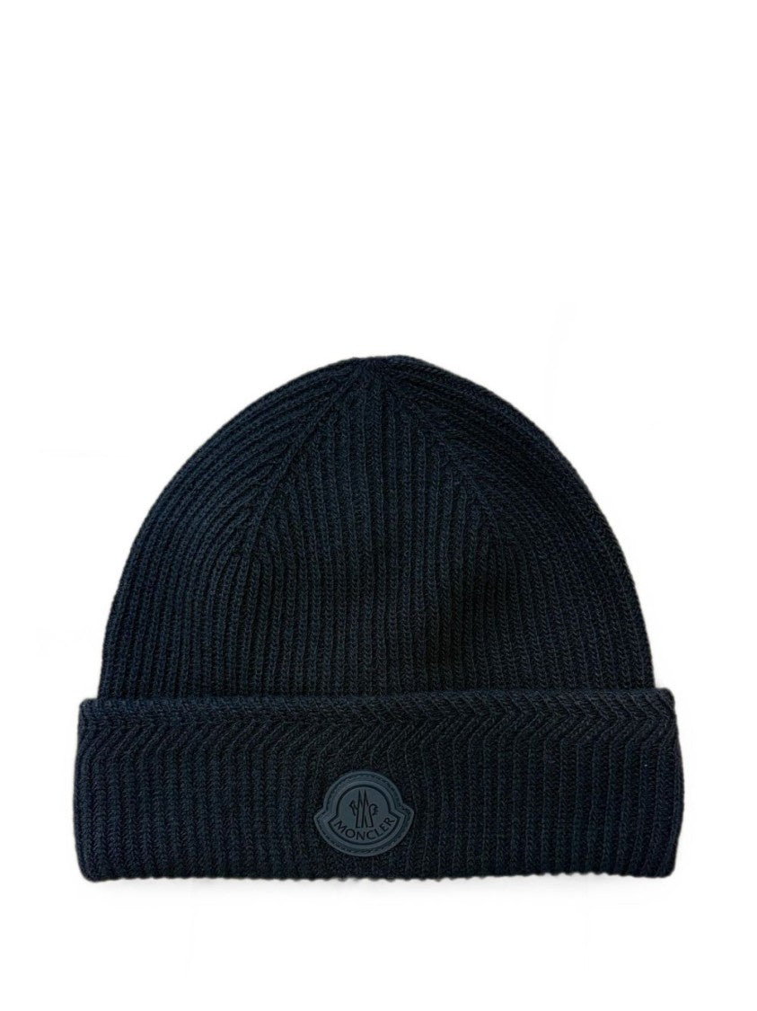 Moncler Black Ribbed Knit Folded Cuff Hat