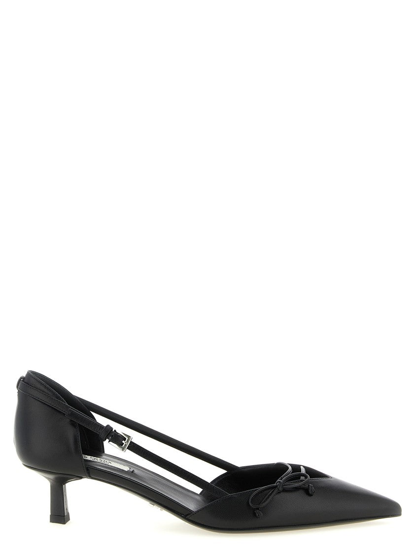 Prada Open-Side Leather Pumps With Bow And Logo Detail