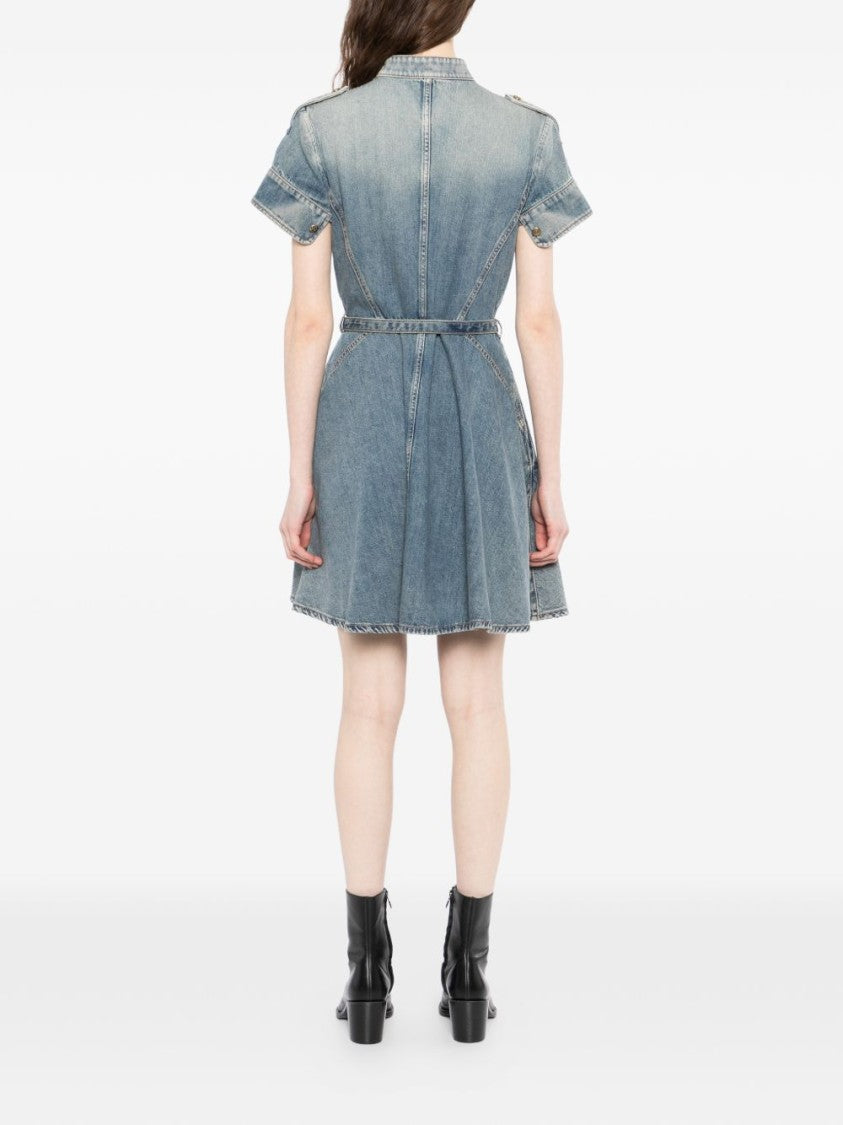 Alexander Mcqueen Faded Denim Mini Dress With Gold-Tone Accents