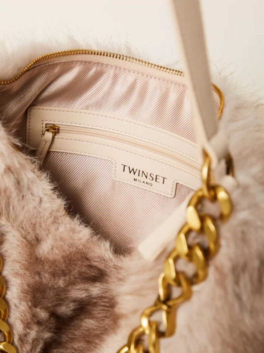 Twin-Set Faux Fur Handbag With Gold-Tone Chain Detail