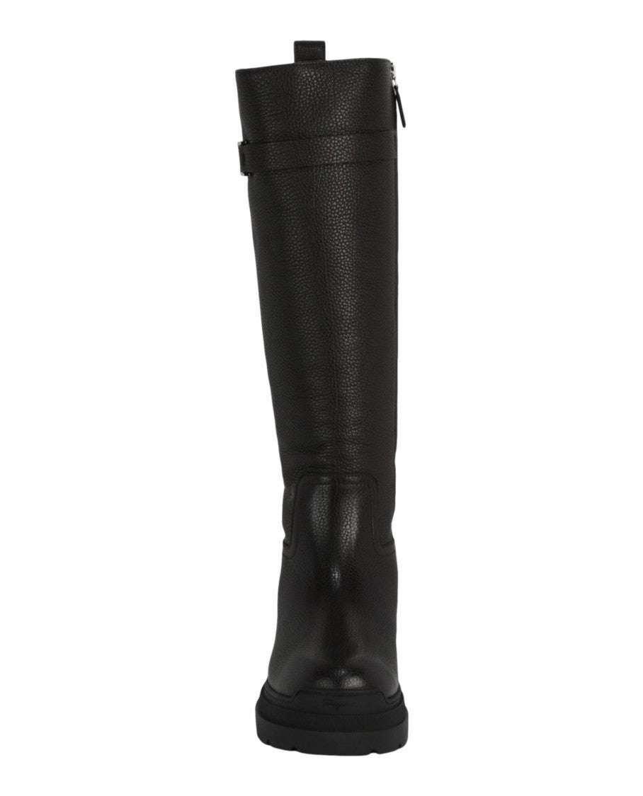 Ferragamo Pebbled Calfskin Knee-High Boots With Silver-Tone Detail