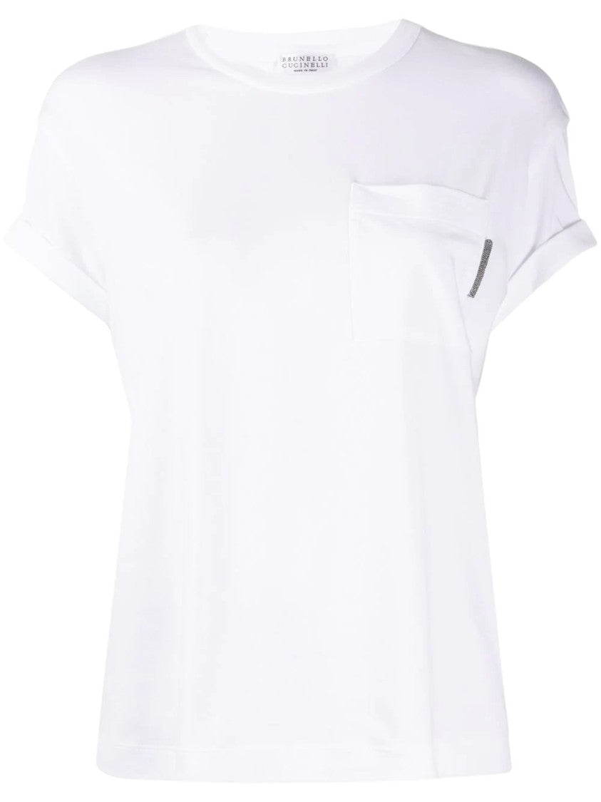 Brunello Cucinelli Rolled Sleeve White T-Shirt With Subtle Pocket Detail