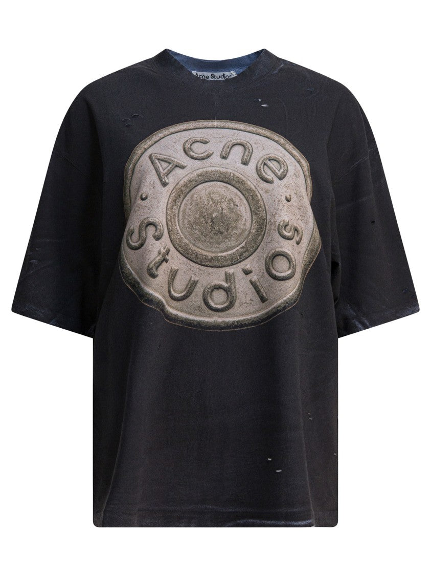 Acne Studios Distressed Black Oversized T-Shirt With Circular Emblem