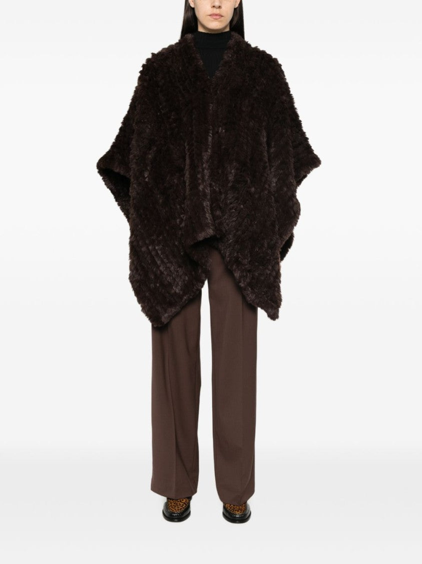 Pinko Brown Plush Textured Wide Arm Openings Faux Fur Cape