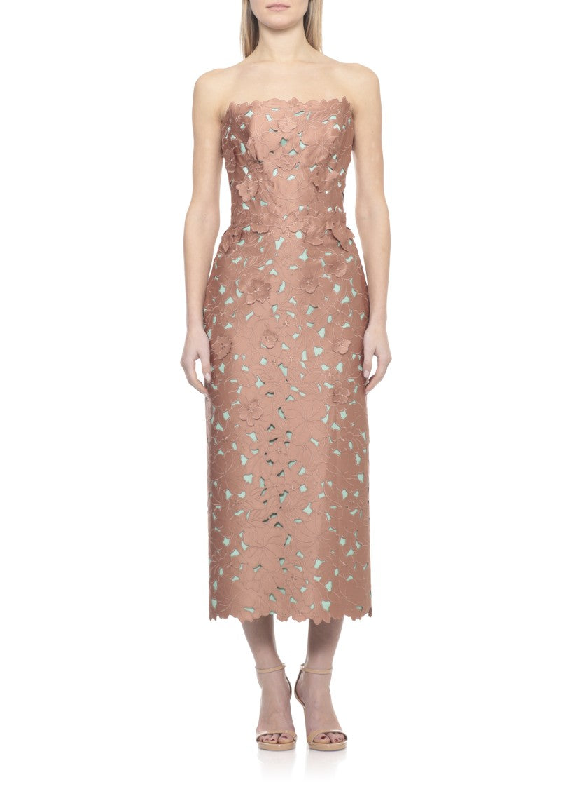 Costarellos Floral Lace Midi Dress With Straight Neckline And Cut-Out Details