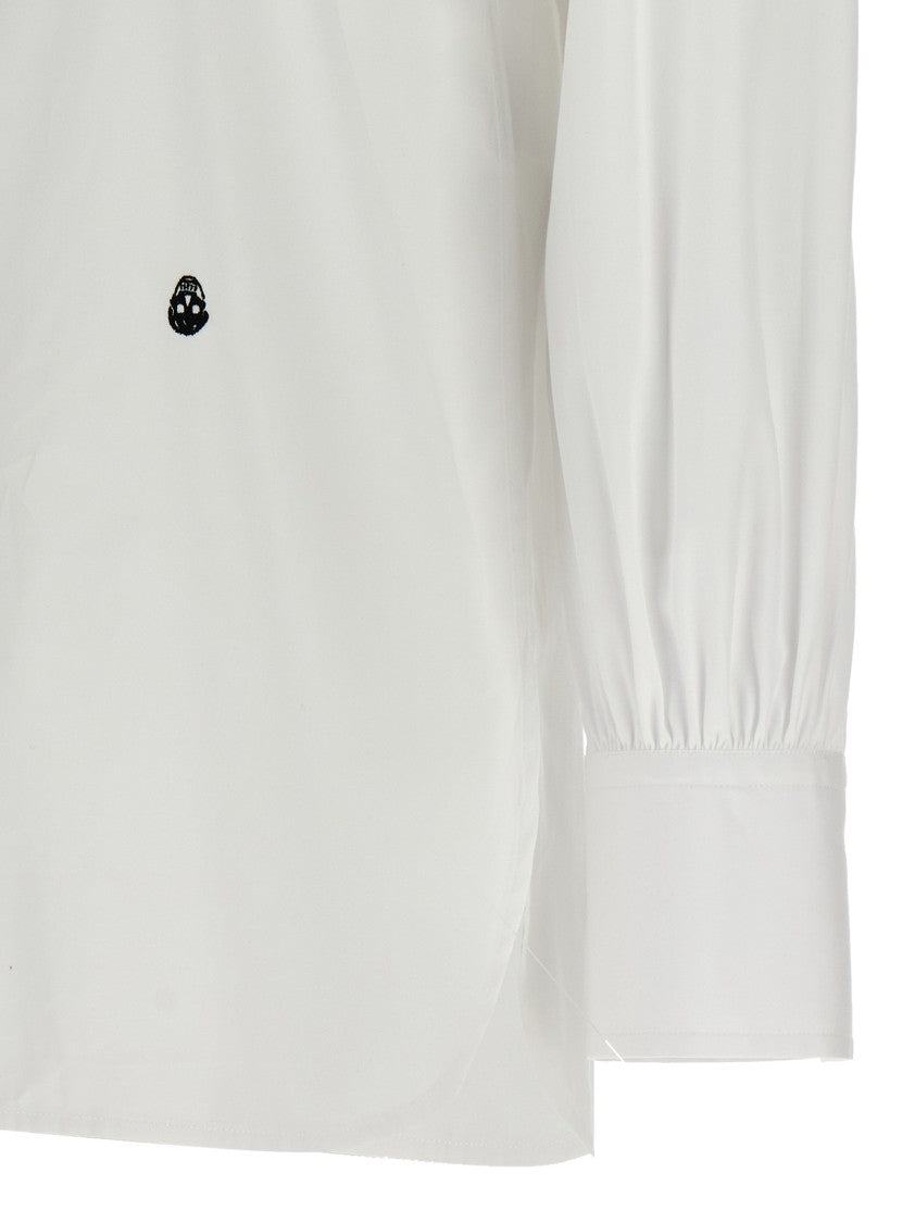 Mcqueen Tuxedo Cotton Poplin Shirt With Pleated Plastron And Contrast Skull Embroidery