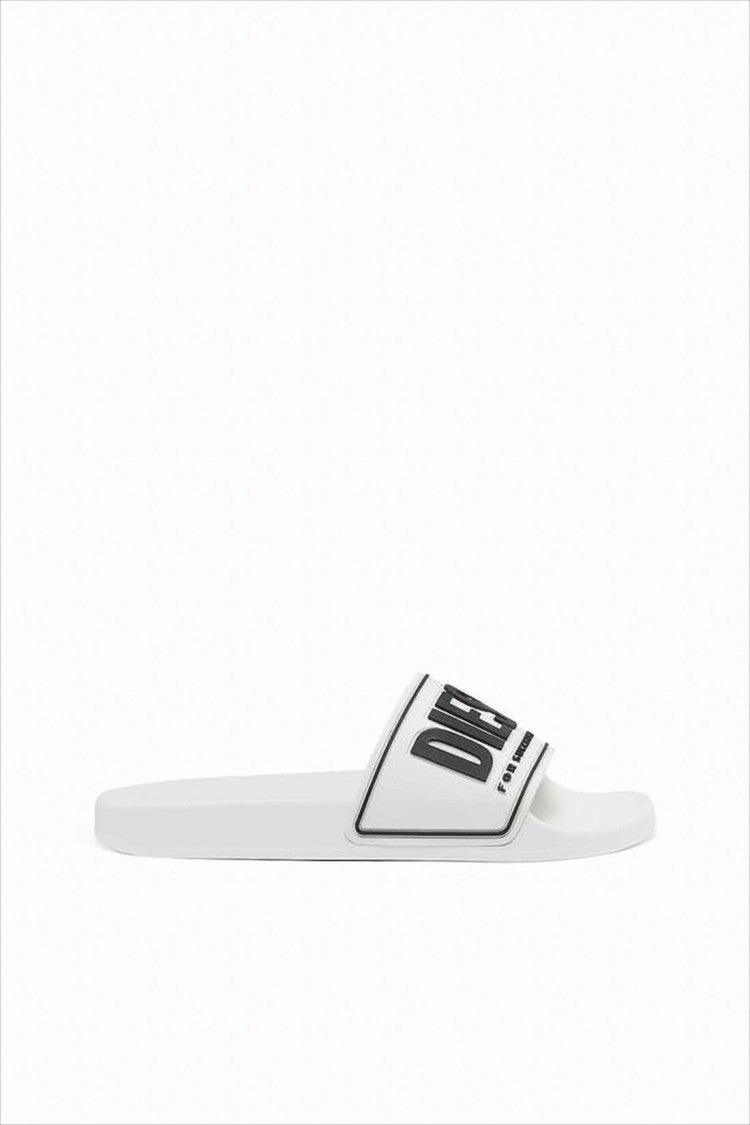 Diesel White Slide Sandals With Bold Branding